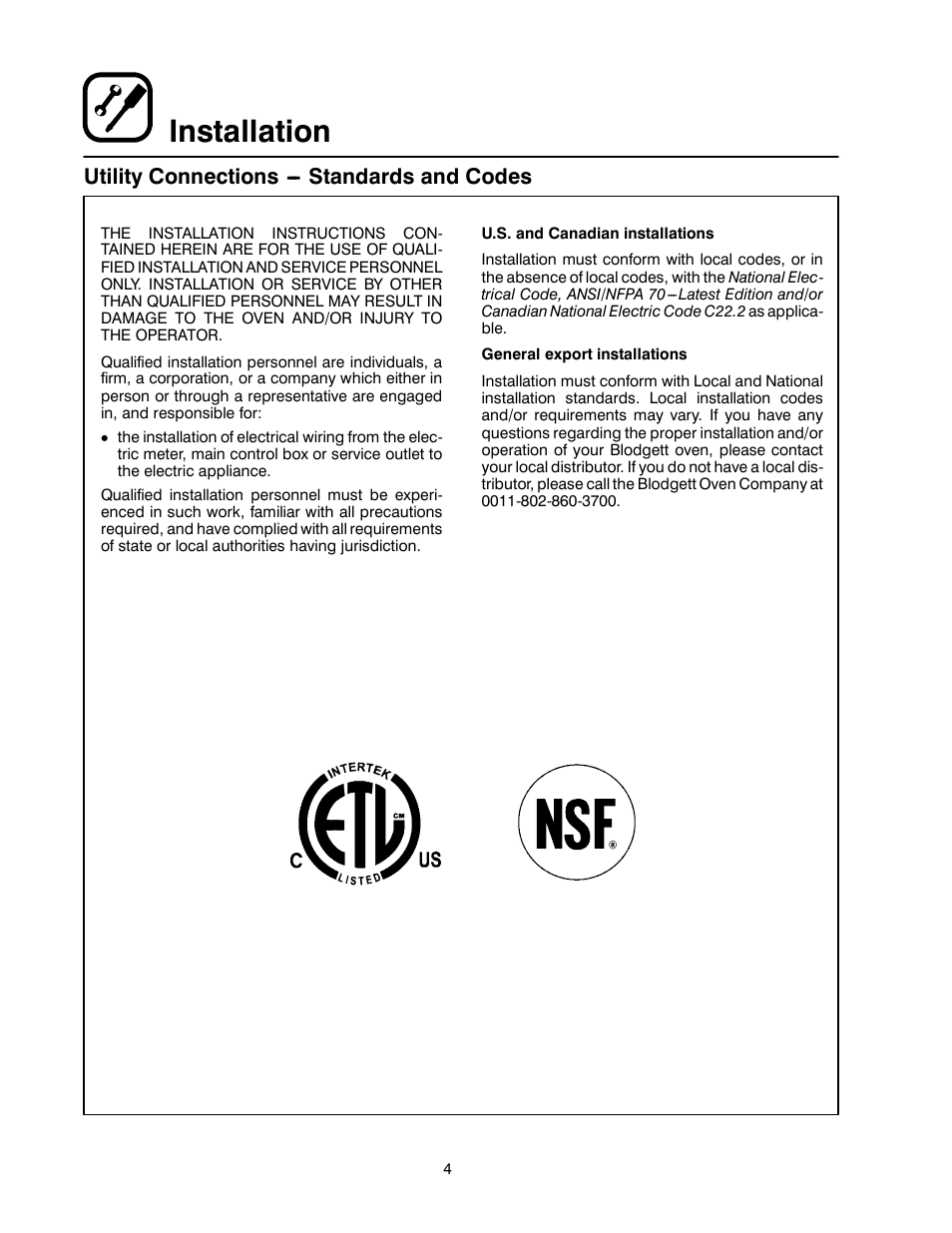 Installation, Utility connections --- standards and codes | Blodgett SHO-E User Manual | Page 8 / 17