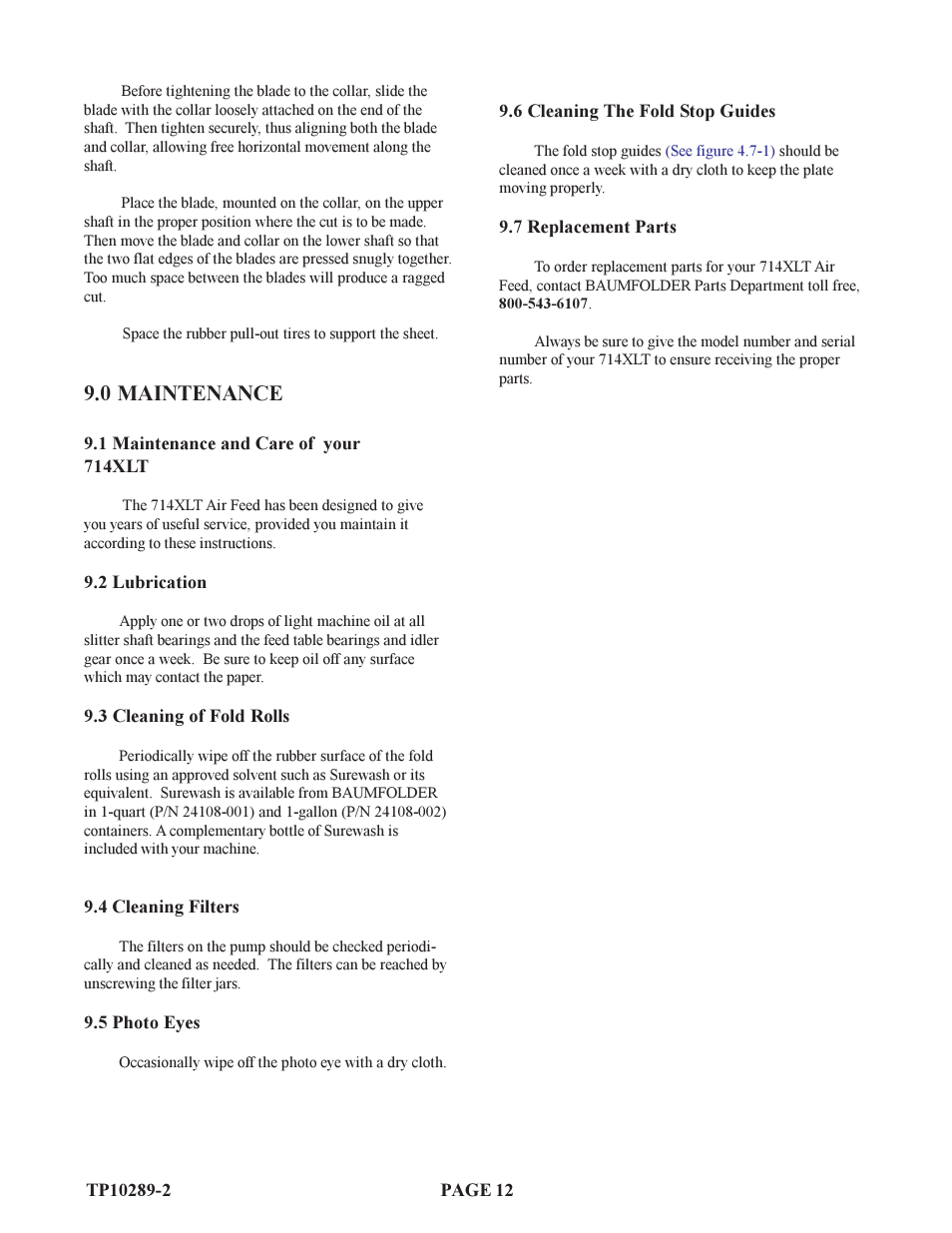 0 maintenance | Baumfolder 714XLT: Air-Operations Manual (from 2001 thru 2005) User Manual | Page 12 / 13