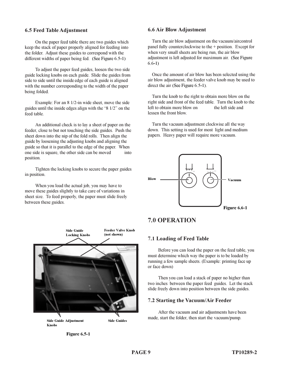 0 operation, 6 air blow adjustment, 1 loading of feed table | 2 starting the vacuum/air feeder | Baumfolder 714XLT: Air-Operations Manual (from 2001 thru 2005) User Manual | Page 9 / 13