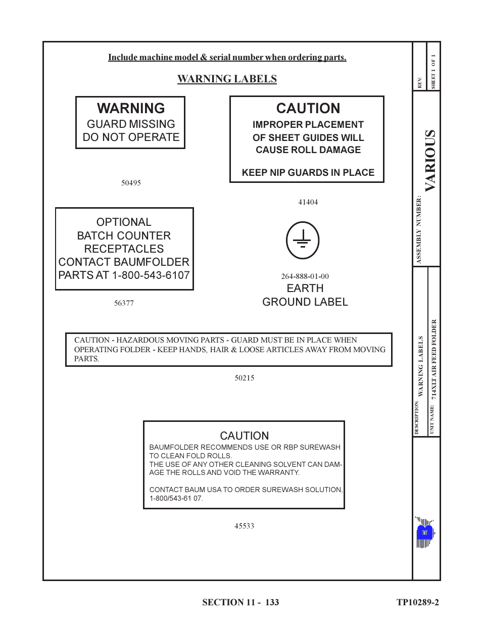 Warning caution, Various, Warning labels | Guard missing, Do not operate, Earth, Ground label, Caution | Baumfolder 714XLT: Parts Manual User Manual | Page 133 / 134