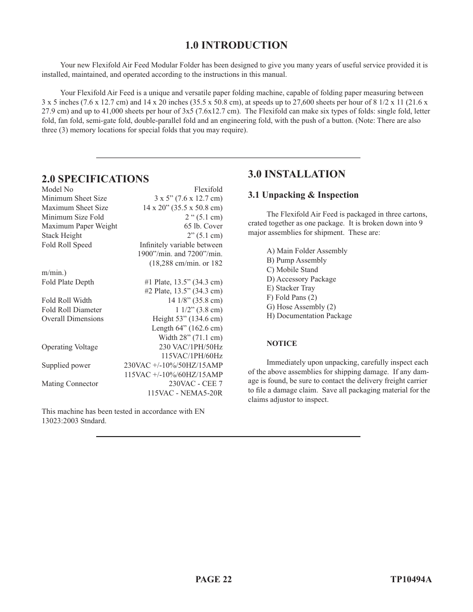 0 installation, 0 introduction, 0 specifications | Baumfolder Flexifold: 1st Station (from 2005) User Manual | Page 22 / 47