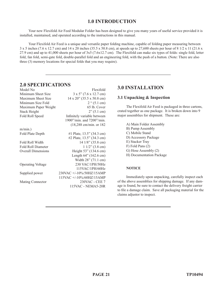 0 installation, 0 introduction, 0 specifications | Baumfolder Flexifold: 1st Station (in 2004) User Manual | Page 21 / 46