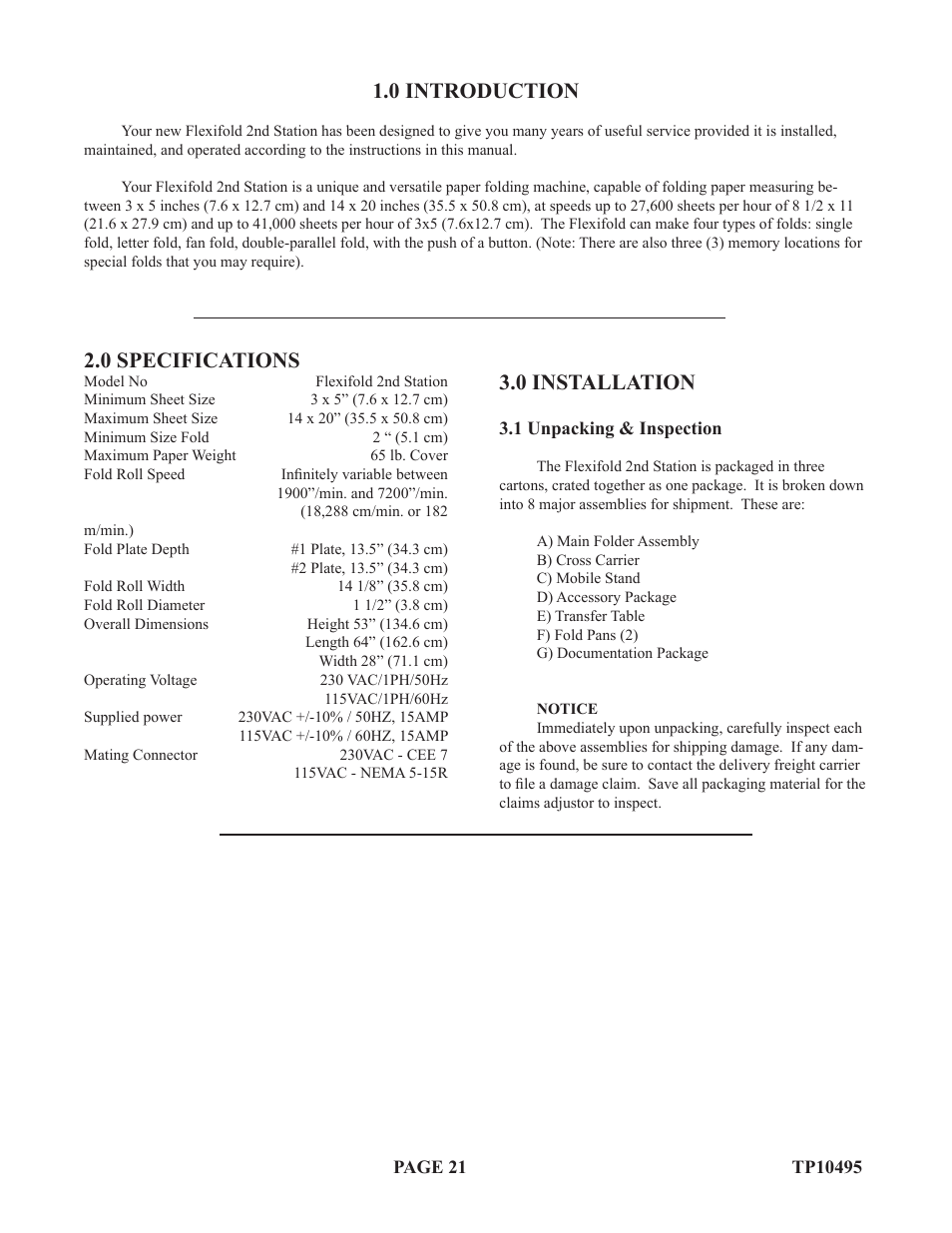 0 installation, 0 introduction, 0 specifications | Baumfolder Flexifold: 2st Station (in 2004) User Manual | Page 21 / 43