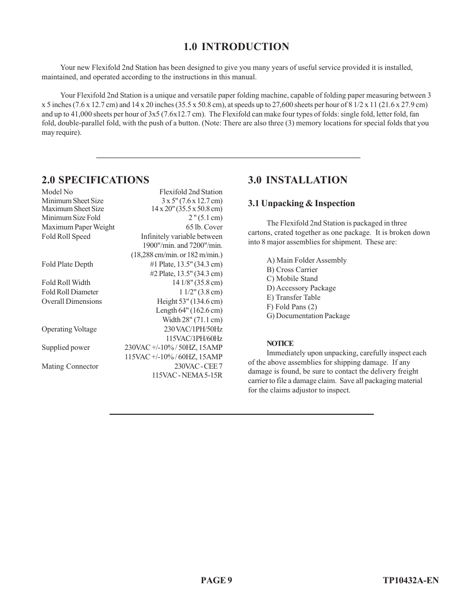 0 installation, 0 introduction, 0 specifications | Baumfolder Flexifold: 2st Station (up to) User Manual | Page 9 / 30