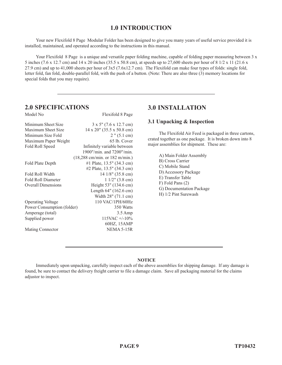 0 installation, 0 introduction, 0 specifications | Baumfolder Flexifold: 8-Page (from 2003 thru 2005) User Manual | Page 9 / 30
