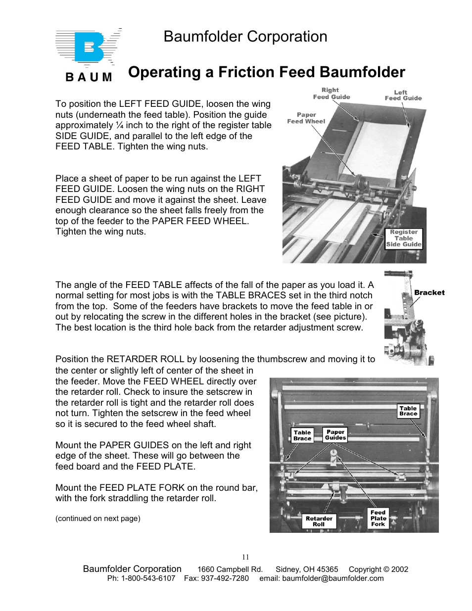 Baumfolder corporation, Operating a friction feed baumfolder | Baumfolder Older Folder User Manual | Page 11 / 32