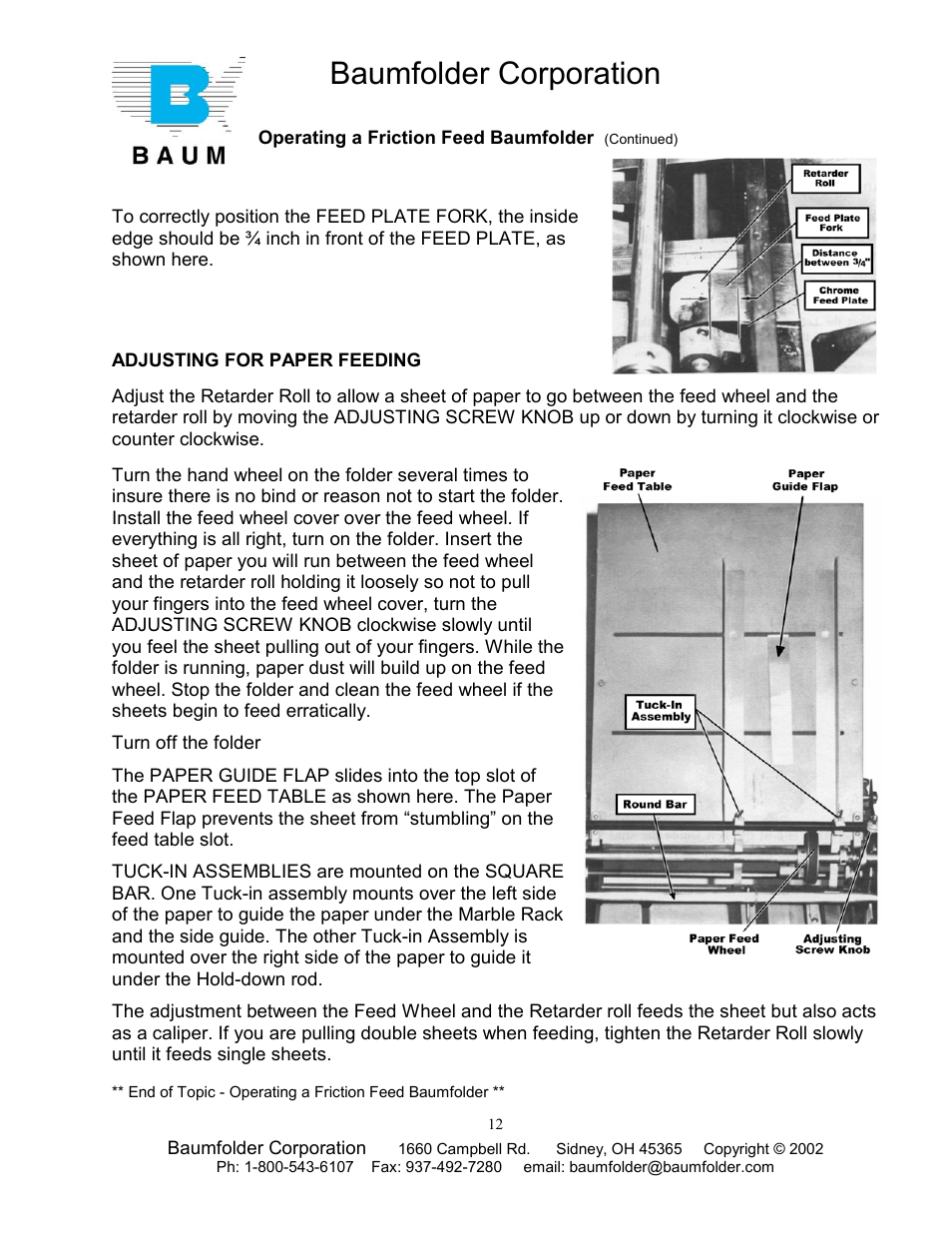 Adjusting for paper feeding, Baumfolder corporation | Baumfolder Older Folder User Manual | Page 12 / 32