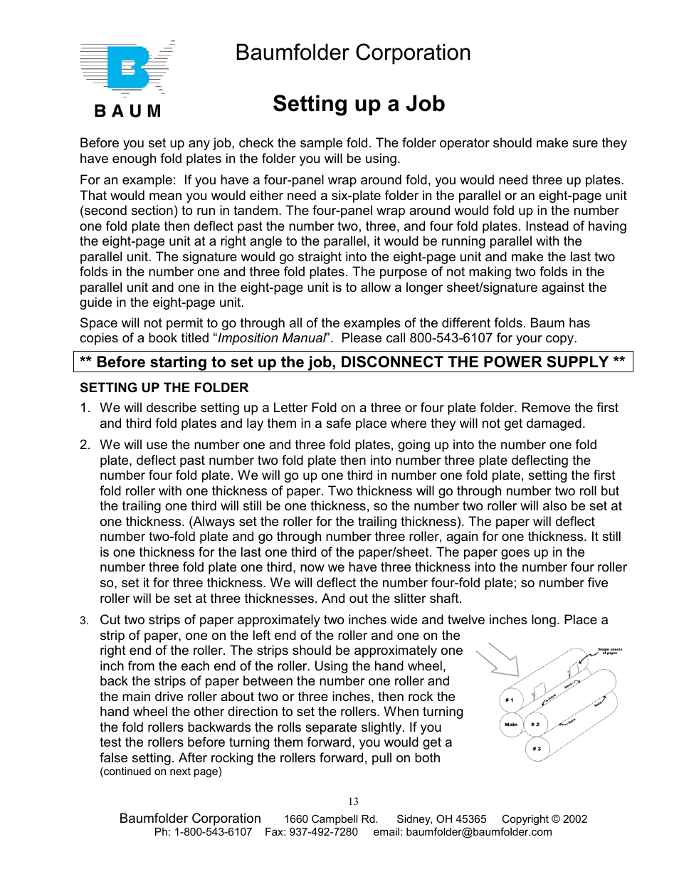 Setting up the folder, Baumfolder corporation, Setting up a job | Baumfolder Older Folder User Manual | Page 13 / 32