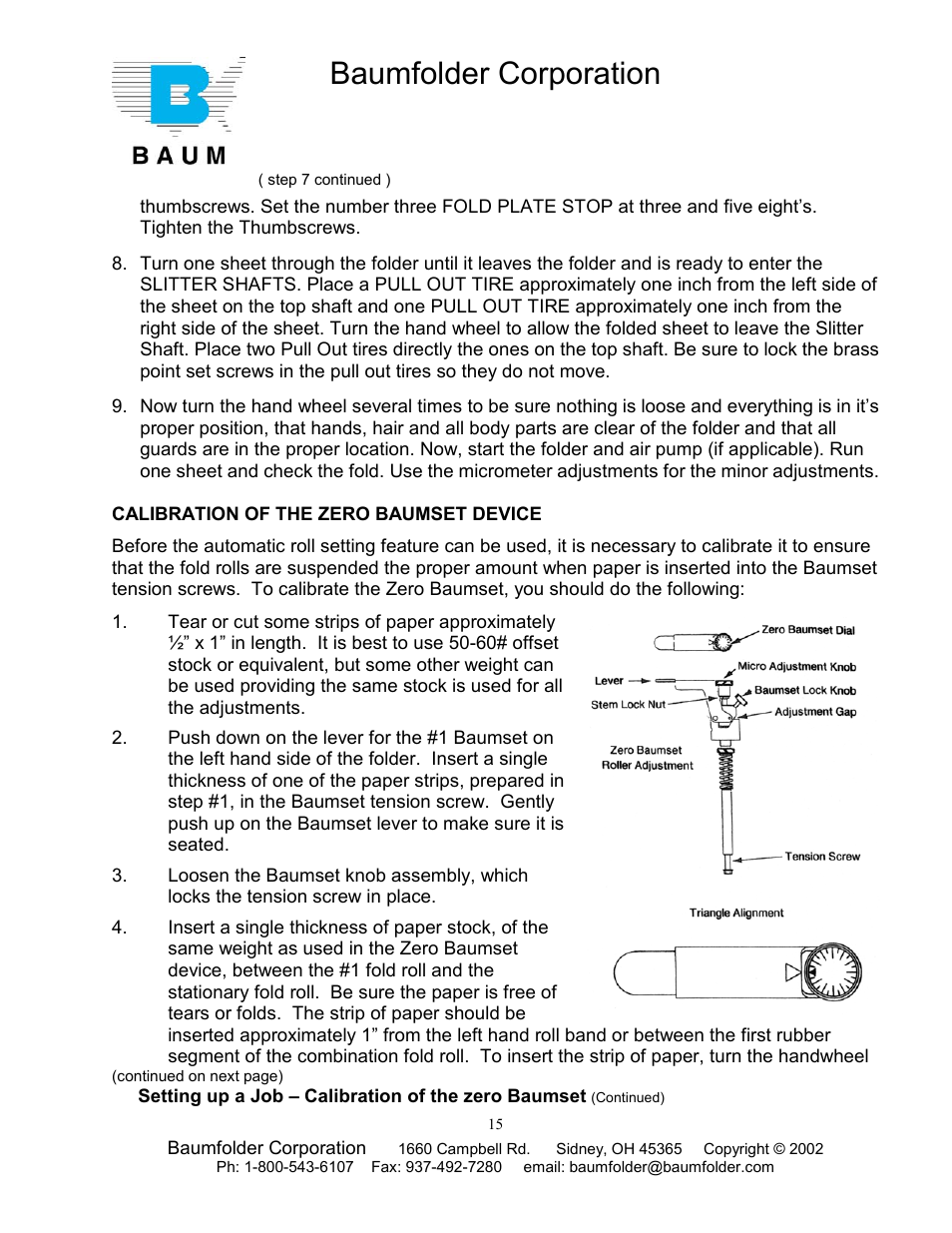 Calibration of the zero baumset device, Baumfolder corporation | Baumfolder Older Folder User Manual | Page 15 / 32