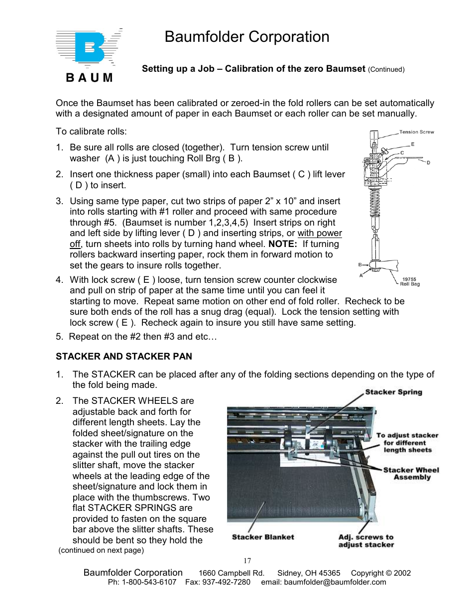 Repeat on the #2 then #3 and etc, Stacker and stacker pan, Baumfolder corporation | Baumfolder Older Folder User Manual | Page 17 / 32