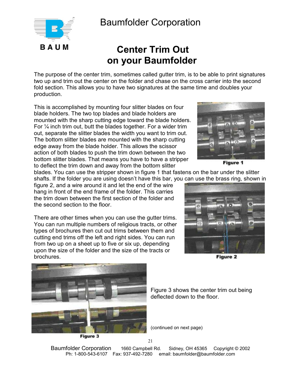 Baumfolder corporation, Center trim out on your baumfolder | Baumfolder Older Folder User Manual | Page 21 / 32