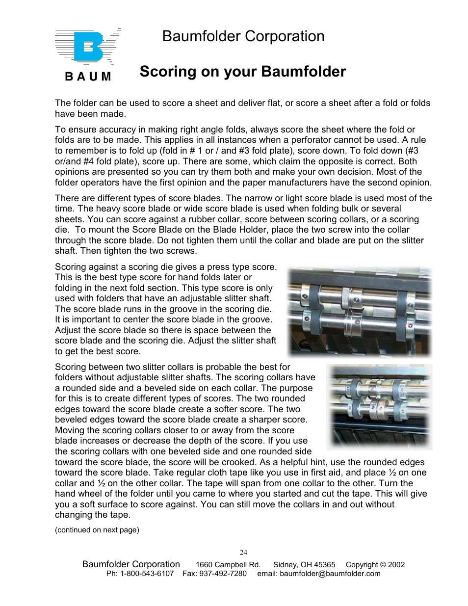 Baumfolder corporation, Scoring on your baumfolder | Baumfolder Older Folder User Manual | Page 24 / 32