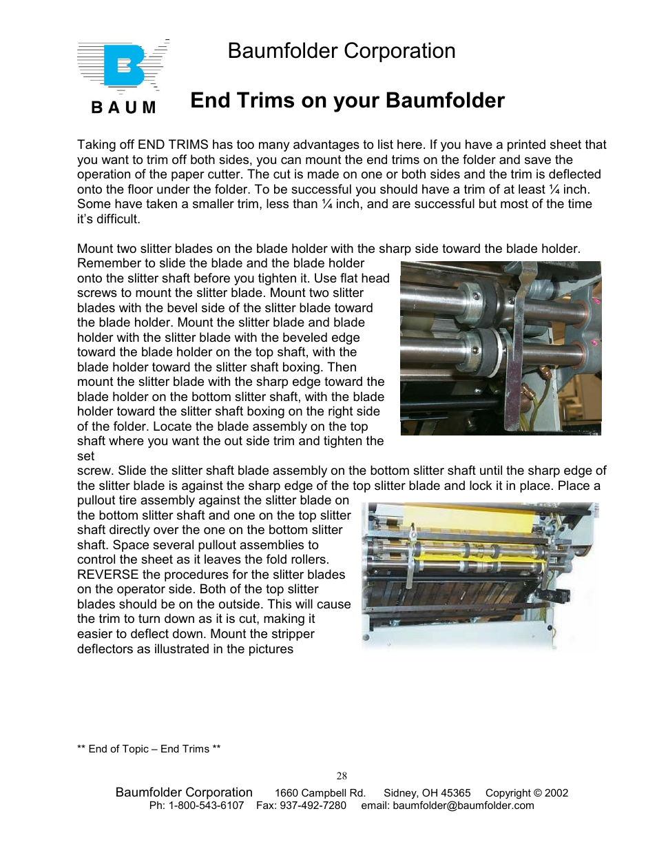 Baumfolder corporation, End trims on your baumfolder | Baumfolder Older Folder User Manual | Page 28 / 32