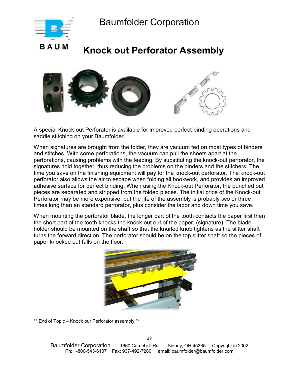 Baumfolder corporation, Knock out perforator assembly | Baumfolder Older Folder User Manual | Page 29 / 32