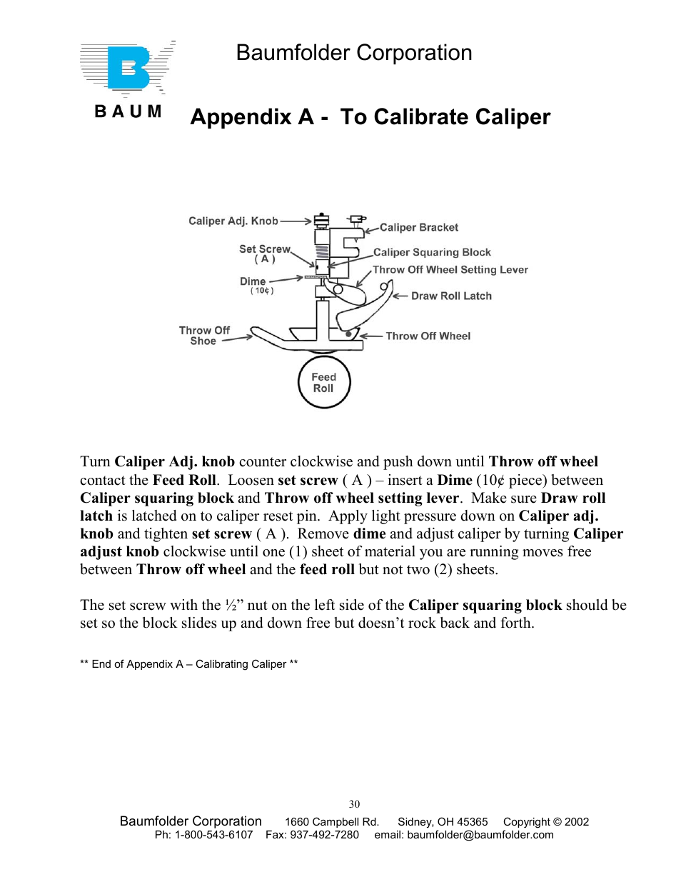 Baumfolder corporation, Appendix a - to calibrate caliper | Baumfolder Older Folder User Manual | Page 30 / 32