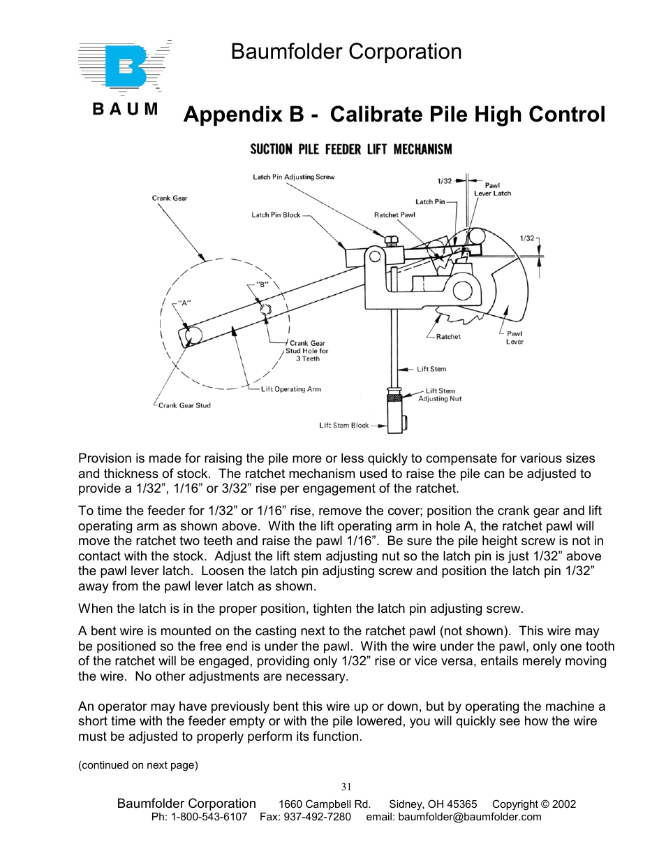 Baumfolder corporation, Appendix b - calibrate pile high control | Baumfolder Older Folder User Manual | Page 31 / 32