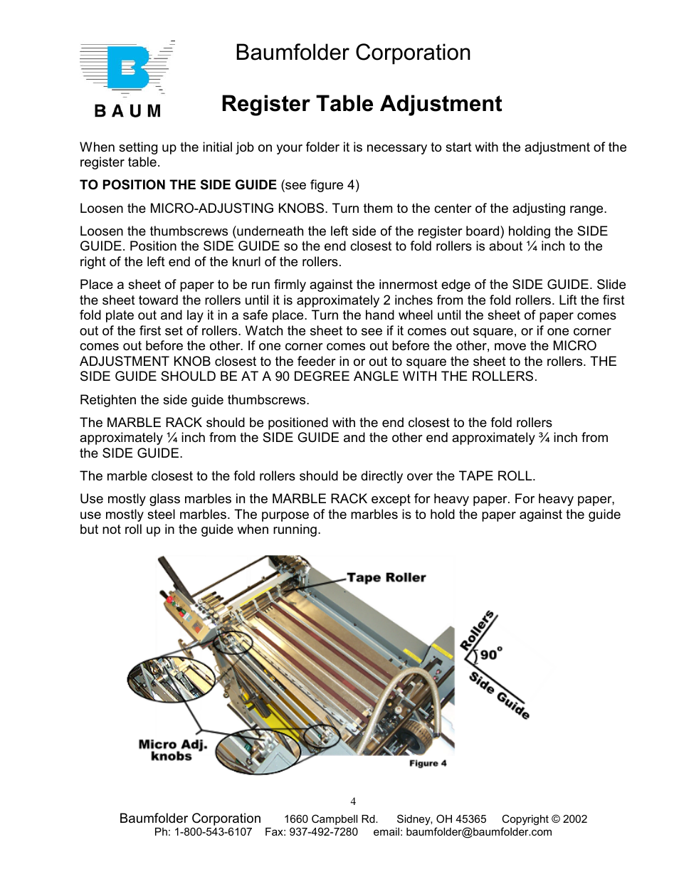 Baumfolder corporation, Register table adjustment | Baumfolder Older Folder User Manual | Page 4 / 32