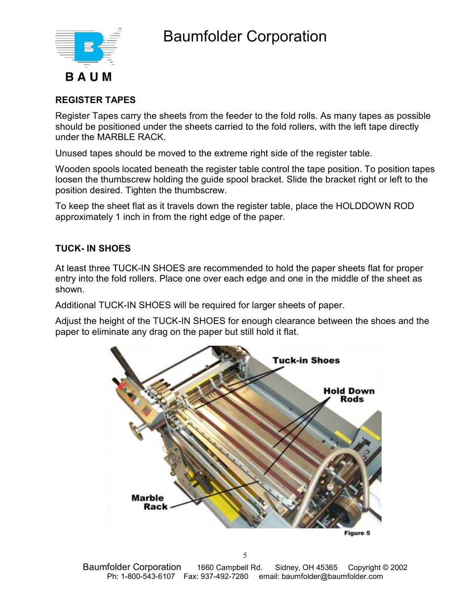 Register tapes, Tuck- in shoes, Baumfolder corporation | Baumfolder Older Folder User Manual | Page 5 / 32