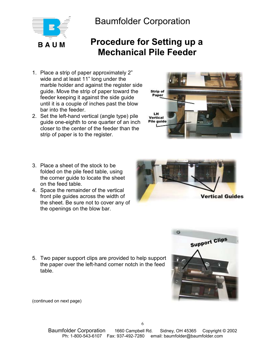 Baumfolder corporation, Procedure for setting up a mechanical pile feeder | Baumfolder Older Folder User Manual | Page 6 / 32