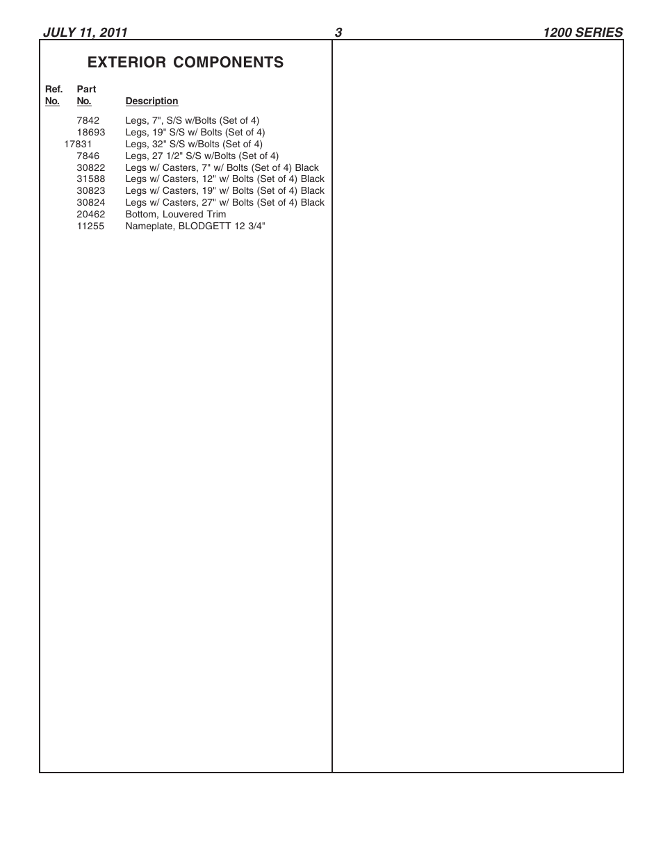 Exterior components | Blodgett 1200 User Manual | Page 3 / 3