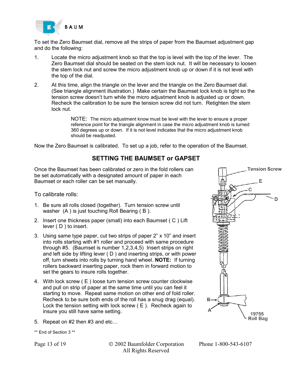 Setting the baumset or gapset | Baumfolder Rebuilding a 200 – 700 series folder User Manual | Page 13 / 19