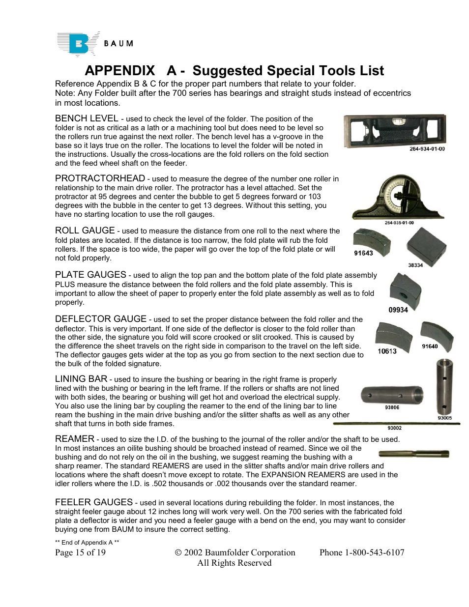 Appendix a - suggested special tools list | Baumfolder Rebuilding a 200 – 700 series folder User Manual | Page 15 / 19