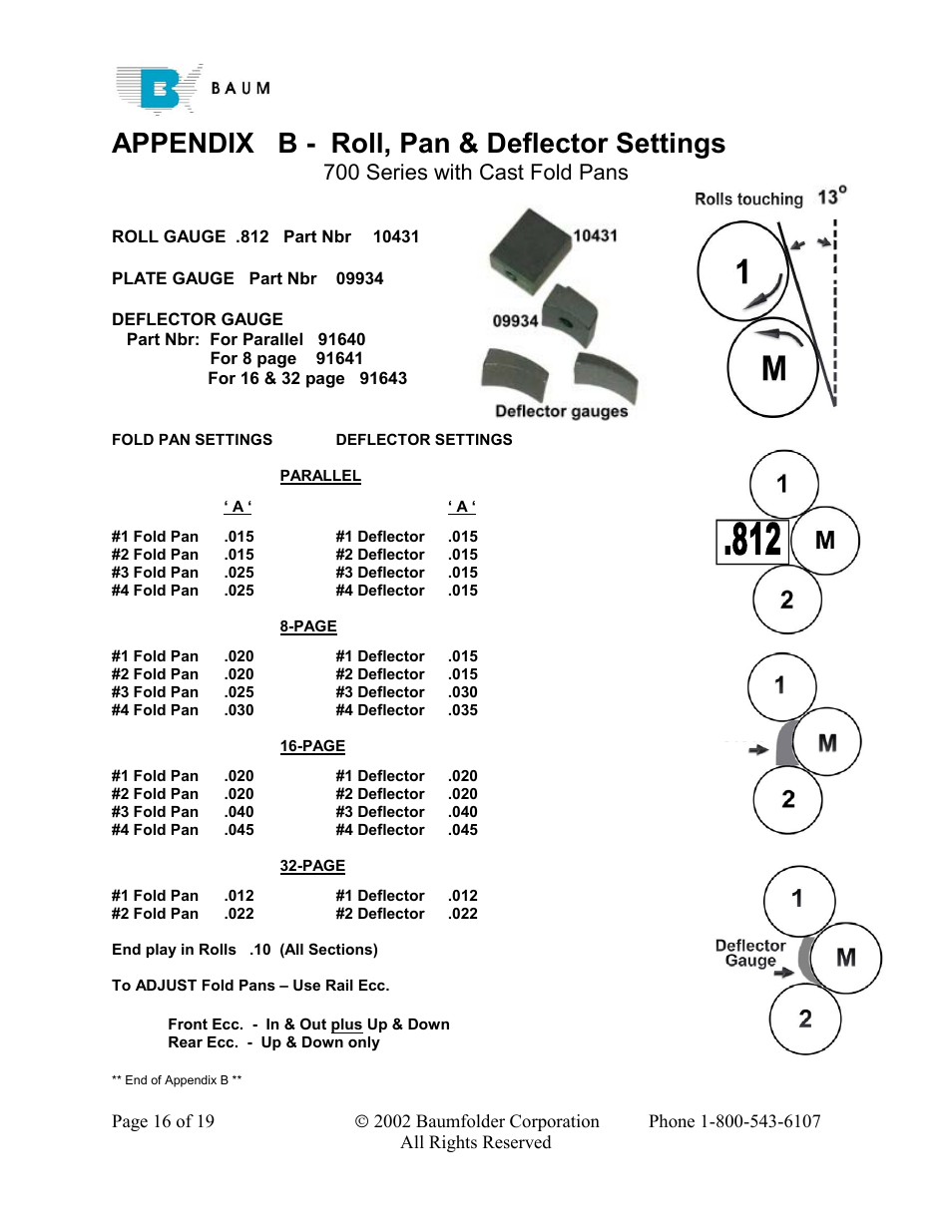 Deflector gauge, Part nbr:for parallel 91640, Fold pan settingsdeflector settings | Appendix b - roll, pan & deflector settings, 700 series with cast fold pans | Baumfolder Rebuilding a 200 – 700 series folder User Manual | Page 16 / 19