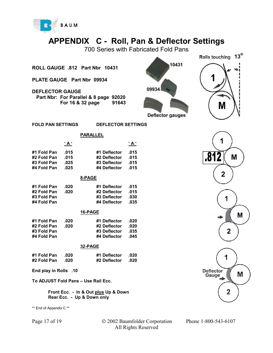 Appendix c - roll, pan & deflector settings, 700 series with fabricated fold pans, Plate gauge part nbr 09934 | Deflector gauge, Fold pan settingsdeflector settings | Baumfolder Rebuilding a 200 – 700 series folder User Manual | Page 17 / 19