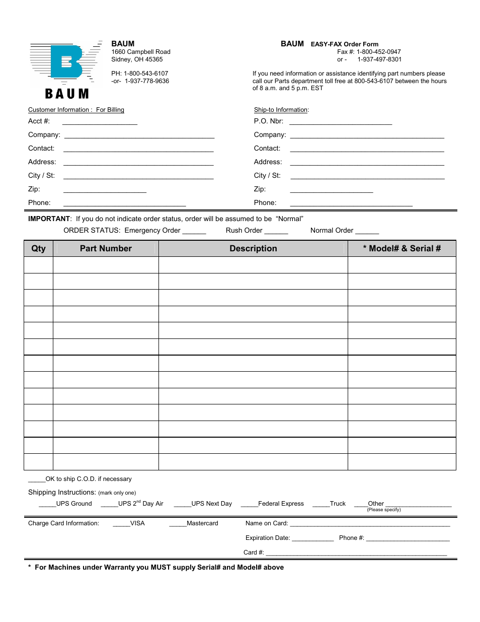 Part number, Qty part number description * model# & serial | Baumfolder Rebuilding a 200 – 700 series folder User Manual | Page 19 / 19