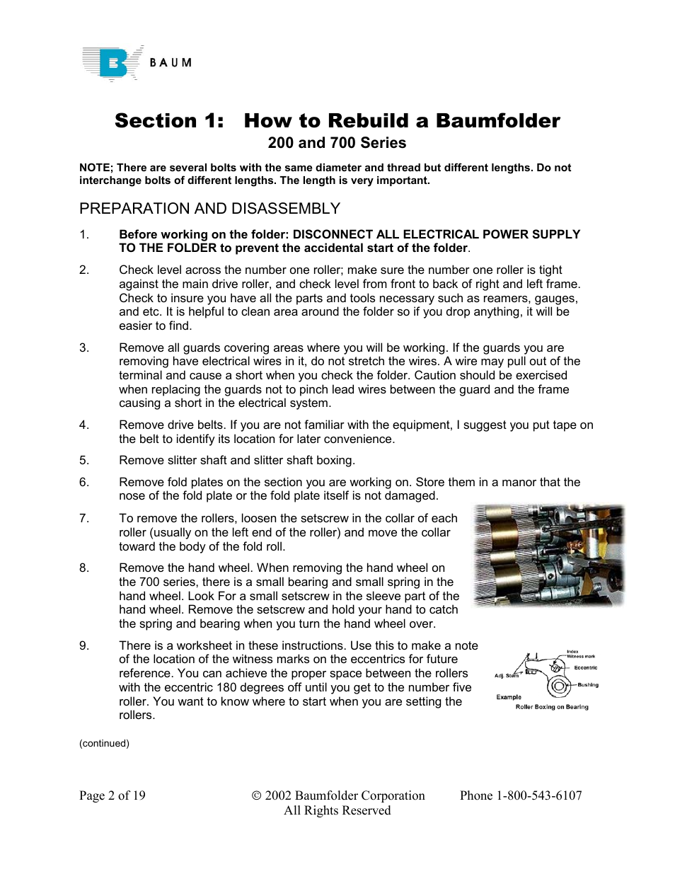 Preparation and disassembly | Baumfolder Rebuilding a 200 – 700 series folder User Manual | Page 2 / 19