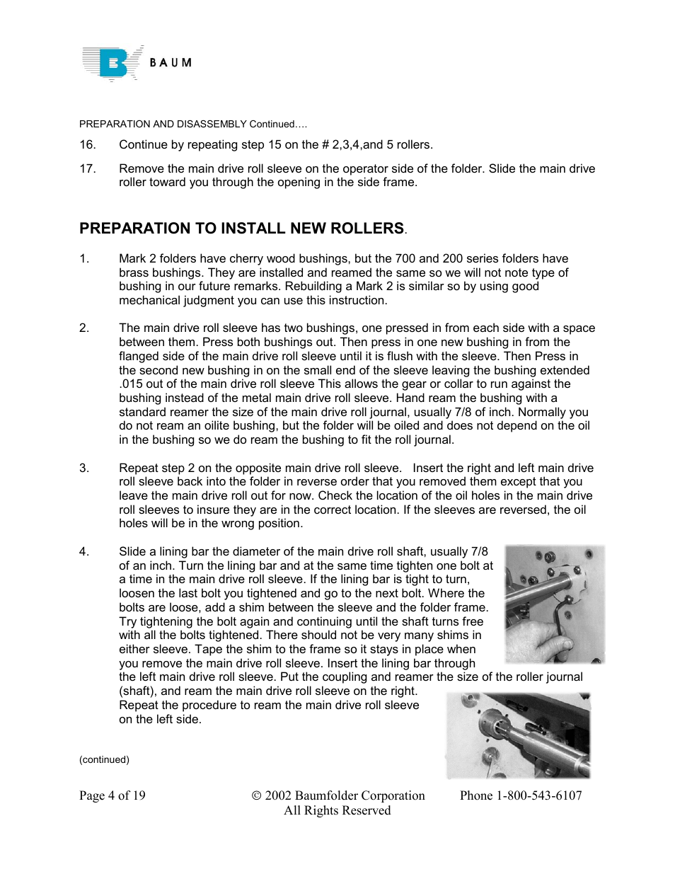 Preparation to install new rollers | Baumfolder Rebuilding a 200 – 700 series folder User Manual | Page 4 / 19