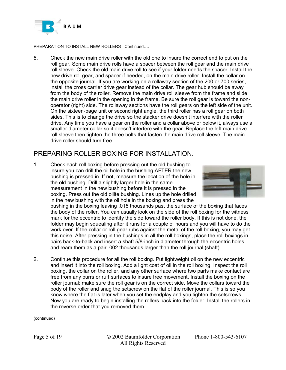 Preparing roller boxing for installation | Baumfolder Rebuilding a 200 – 700 series folder User Manual | Page 5 / 19