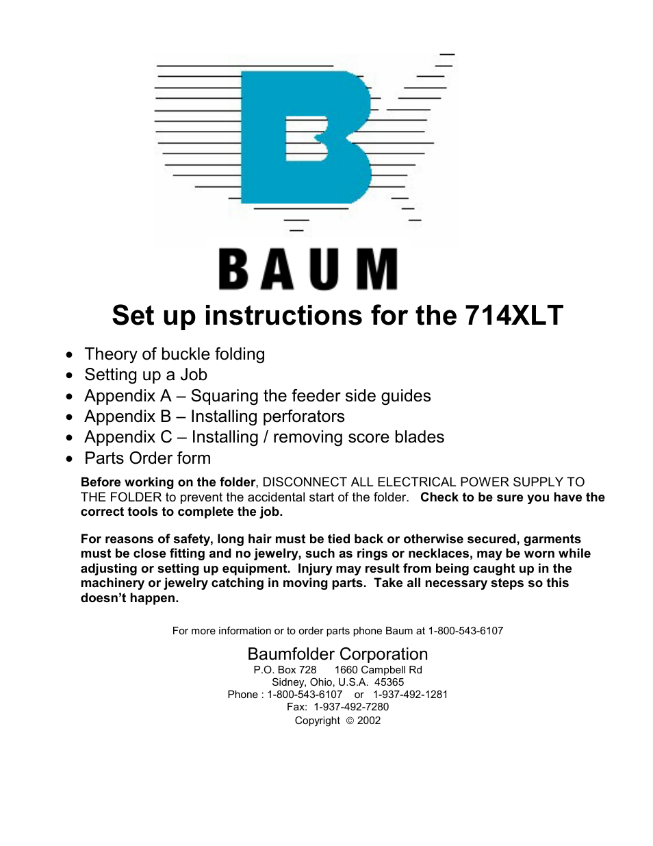 Baumfolder 714XLT: Set up User Manual | 13 pages
