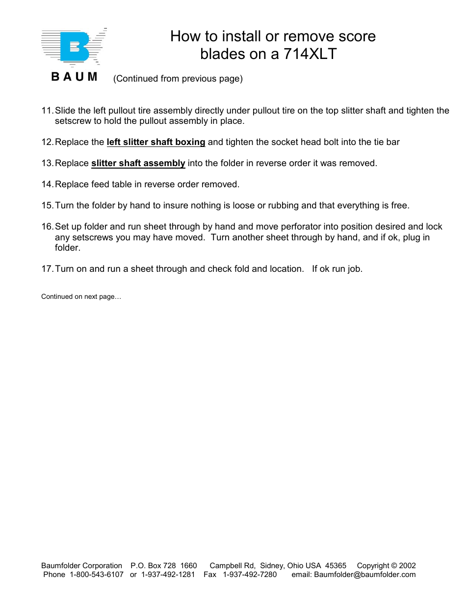 How to install or remove score blades on a 714xlt | Baumfolder 714XLT: Set up User Manual | Page 11 / 13
