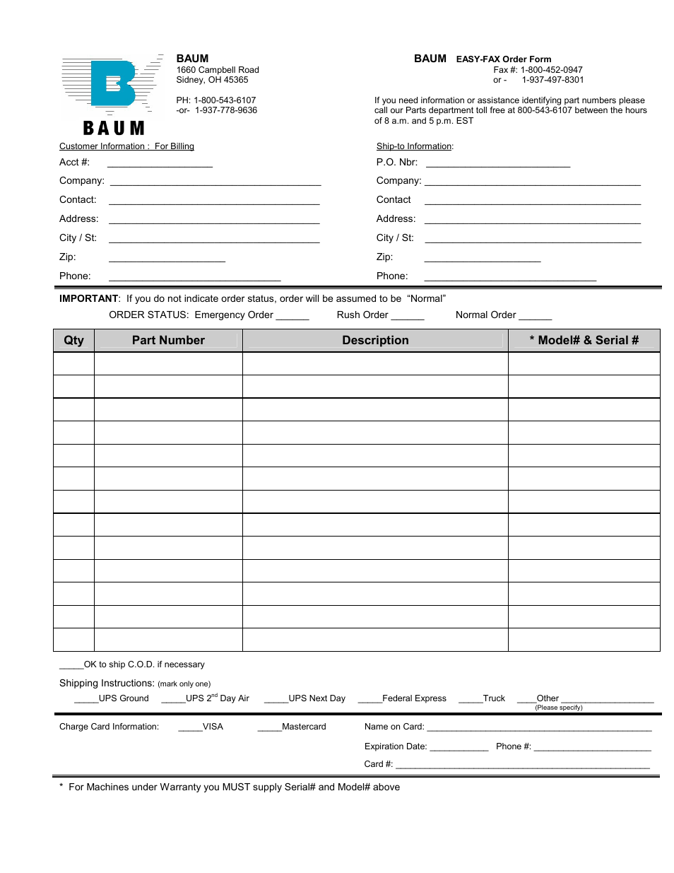 Part number, Qty part number description * model# & serial | Baumfolder 714XLT: Set up User Manual | Page 13 / 13