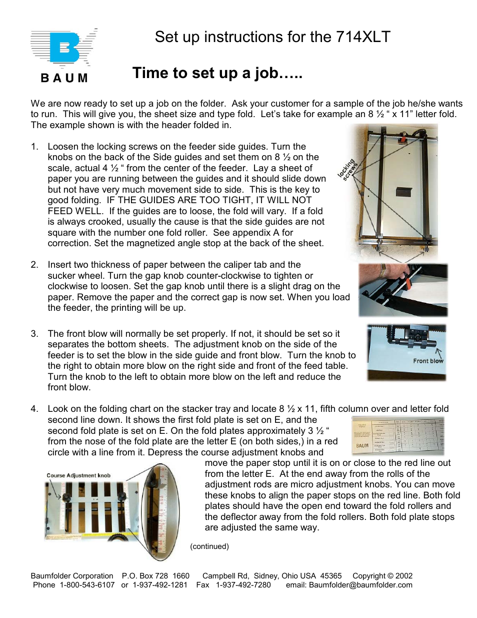 Set up instructions for the 714xlt, Time to set up a job | Baumfolder 714XLT: Set up User Manual | Page 3 / 13