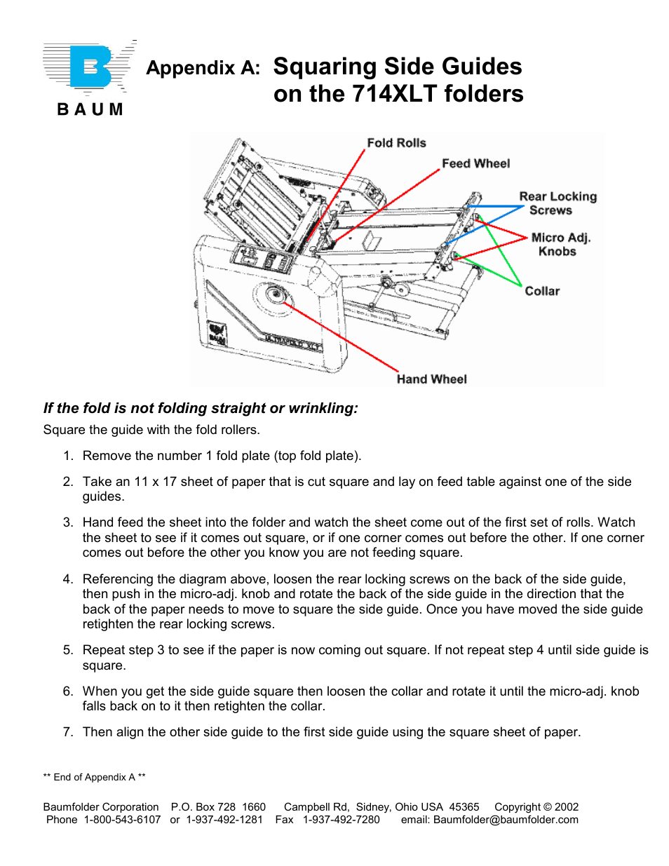 Squaring side guides on the 714xlt folders, Appendix a | Baumfolder 714XLT: Set up User Manual | Page 6 / 13