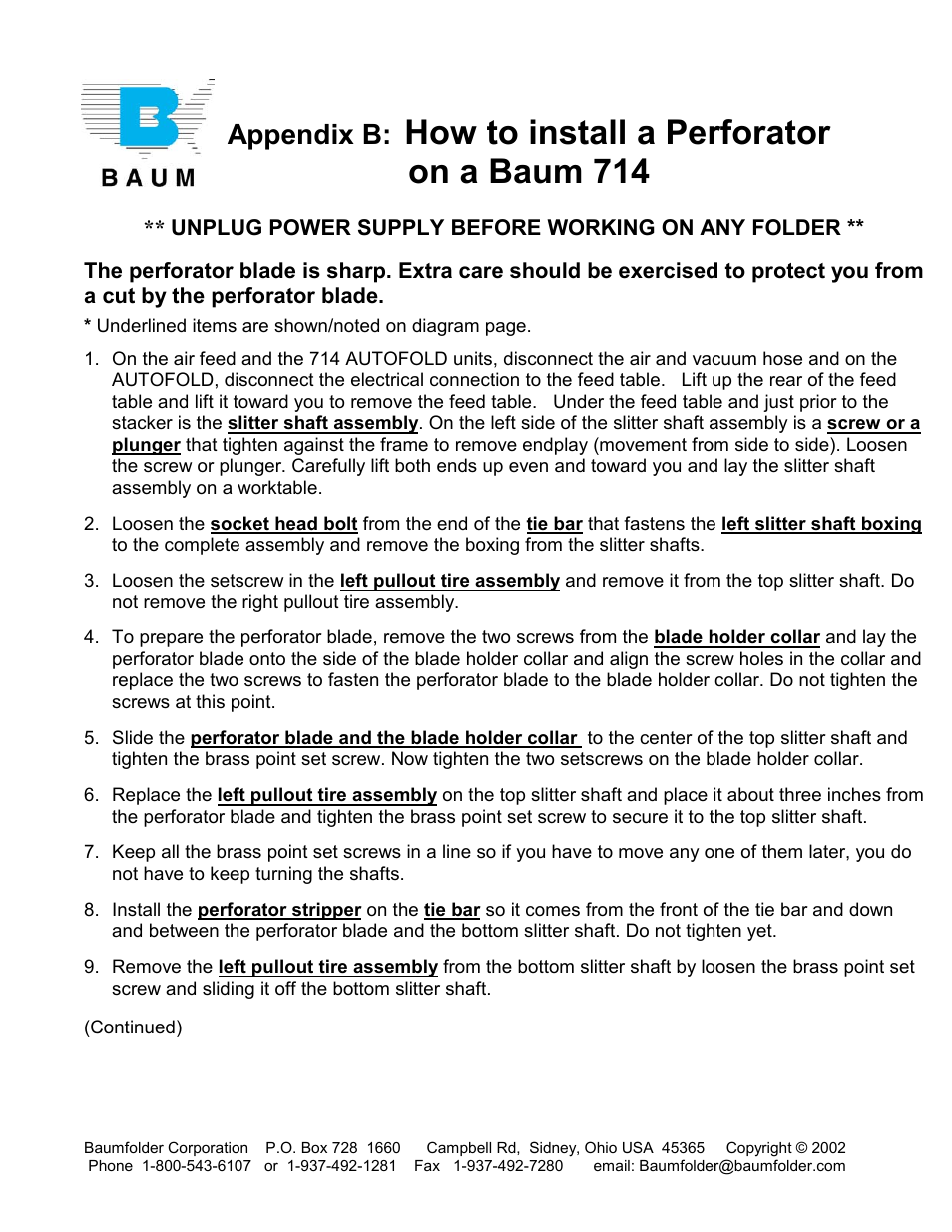 How to install a perforator on a baum 714, Appendix b, Unplug power supply before working on any folder | Baumfolder 714XLT: Set up User Manual | Page 7 / 13