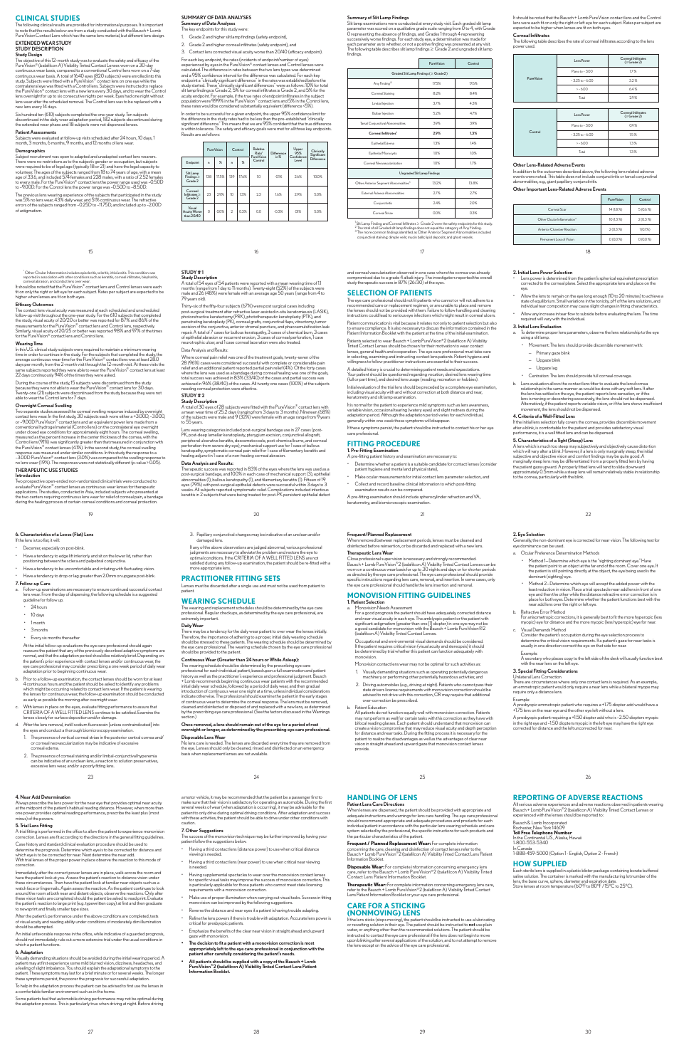 Clinical studies, Selection of patients, Fitting procedure | Practitioner fitting sets, Wearing schedule, Monovision fitting guidelines, Handling of lens, Care for a sticking (nonmoving) lens, Reporting of adverse reactions, How supplied | Bausch & Lomb PureVision2 Contact Lenses User Manual | Page 4 / 4