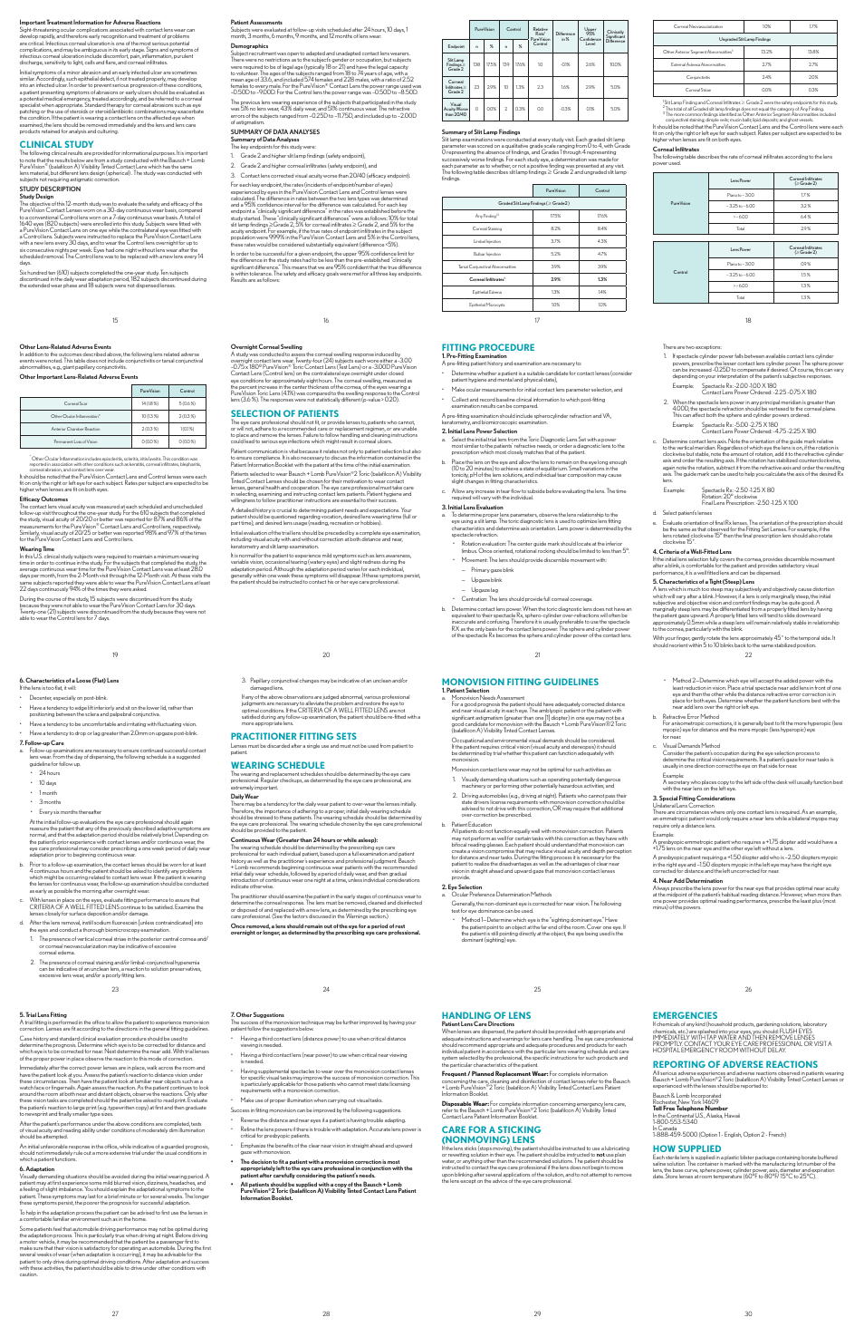 Clinical study, Selection of patients, Fitting procedure | Practitioner fitting sets, Wearing schedule, Monovision fitting guidelines, Handling of lens, Care for a sticking (nonmoving) lens, Emergencies, Reporting of adverse reactions | Bausch & Lomb PureVision2 for Astigmatism Contact Lenses User Manual | Page 3 / 4