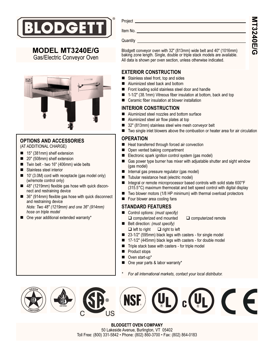 Blodgett MT3240E/G User Manual | 2 pages