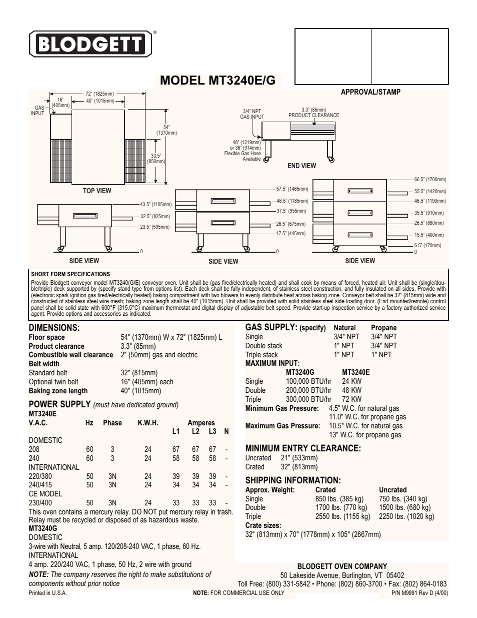 Model mt3240e/g, Dimensions, Power supply | Gas supply, Minimum entry clearance, Shipping information | Blodgett MT3240E/G User Manual | Page 2 / 2