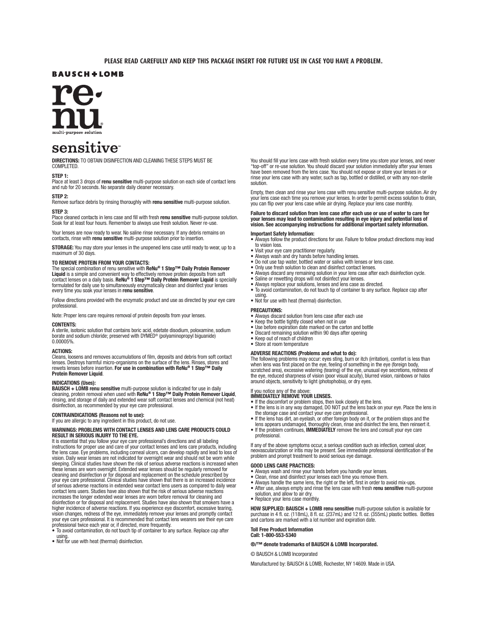 Bausch & Lomb ReNu sensitive multi-purpose solution User Manual | 1 page