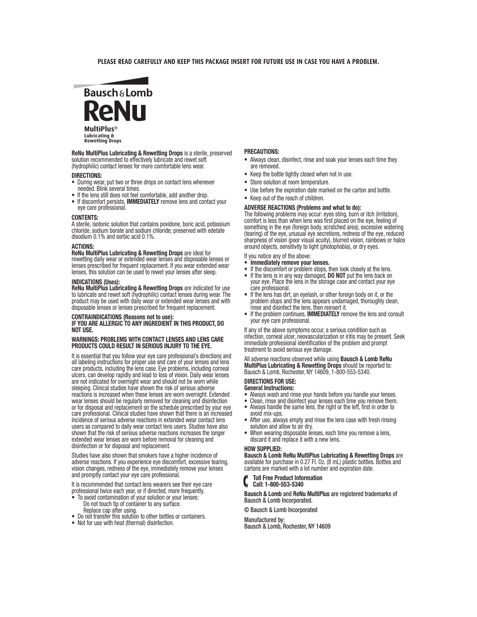 Bausch & Lomb ReNu MultiPlus Lubricating and Rewetting Drops User Manual | 1 page