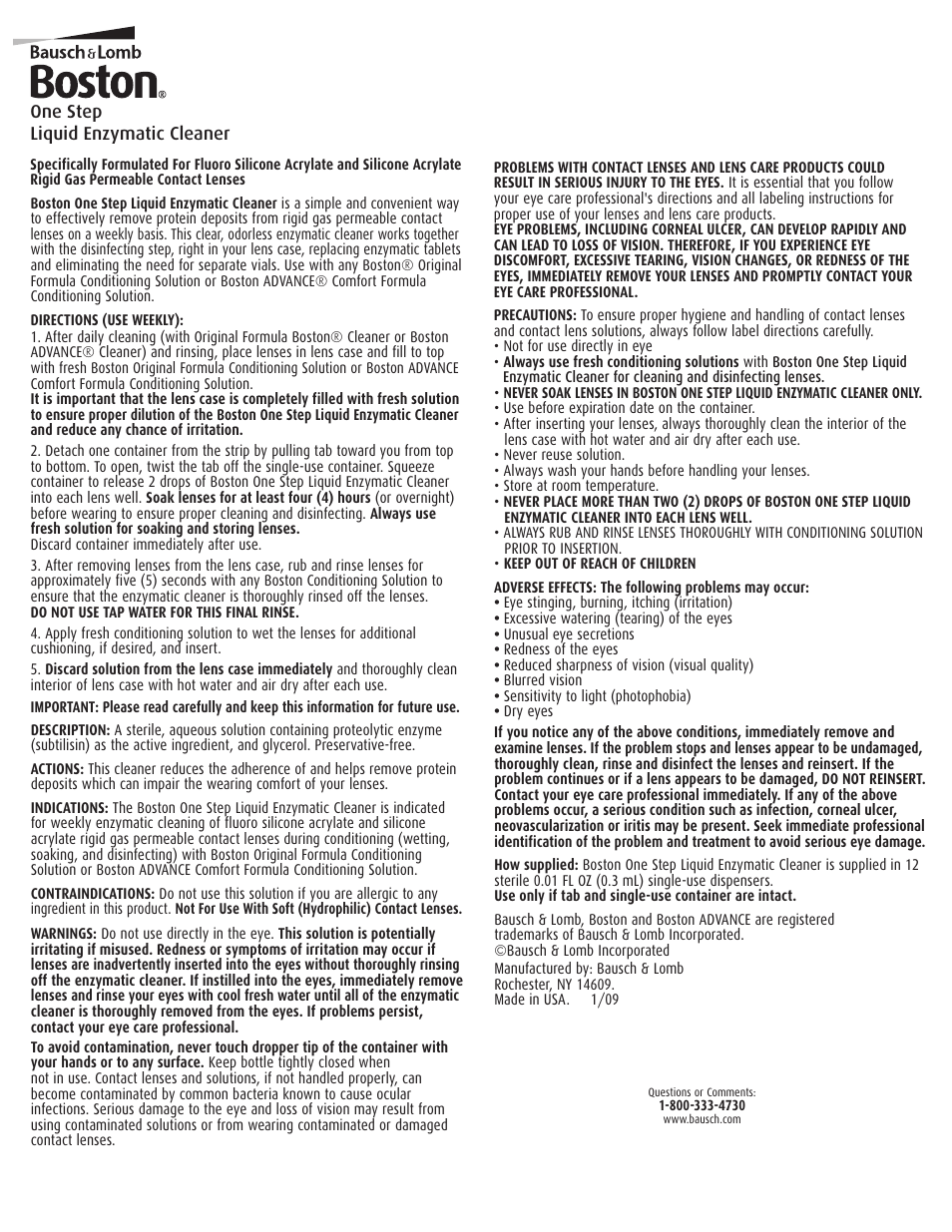 Bausch & Lomb Boston One Step Liquid Enzymatic Cleaner User Manual | 1 page