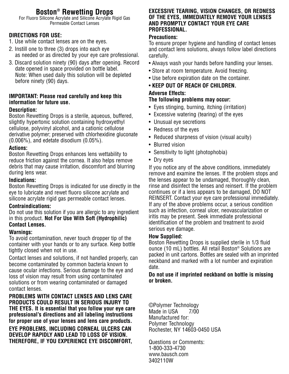 Bausch & Lomb Boston Rewetting Drops User Manual | 1 page