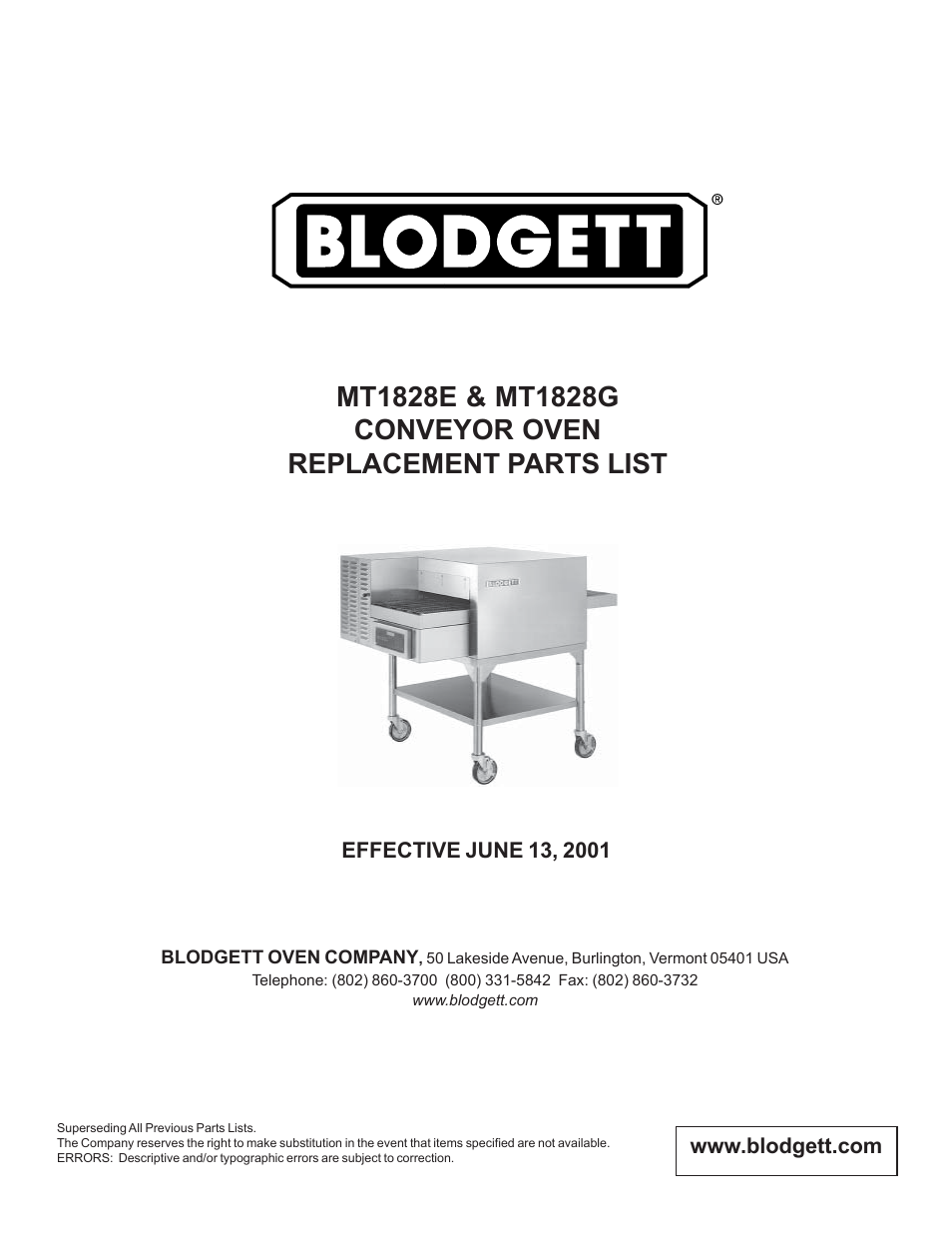 Blodgett CONVEYOR OVEN REPLACEMENT PARTS MT1828E User Manual | 15 pages