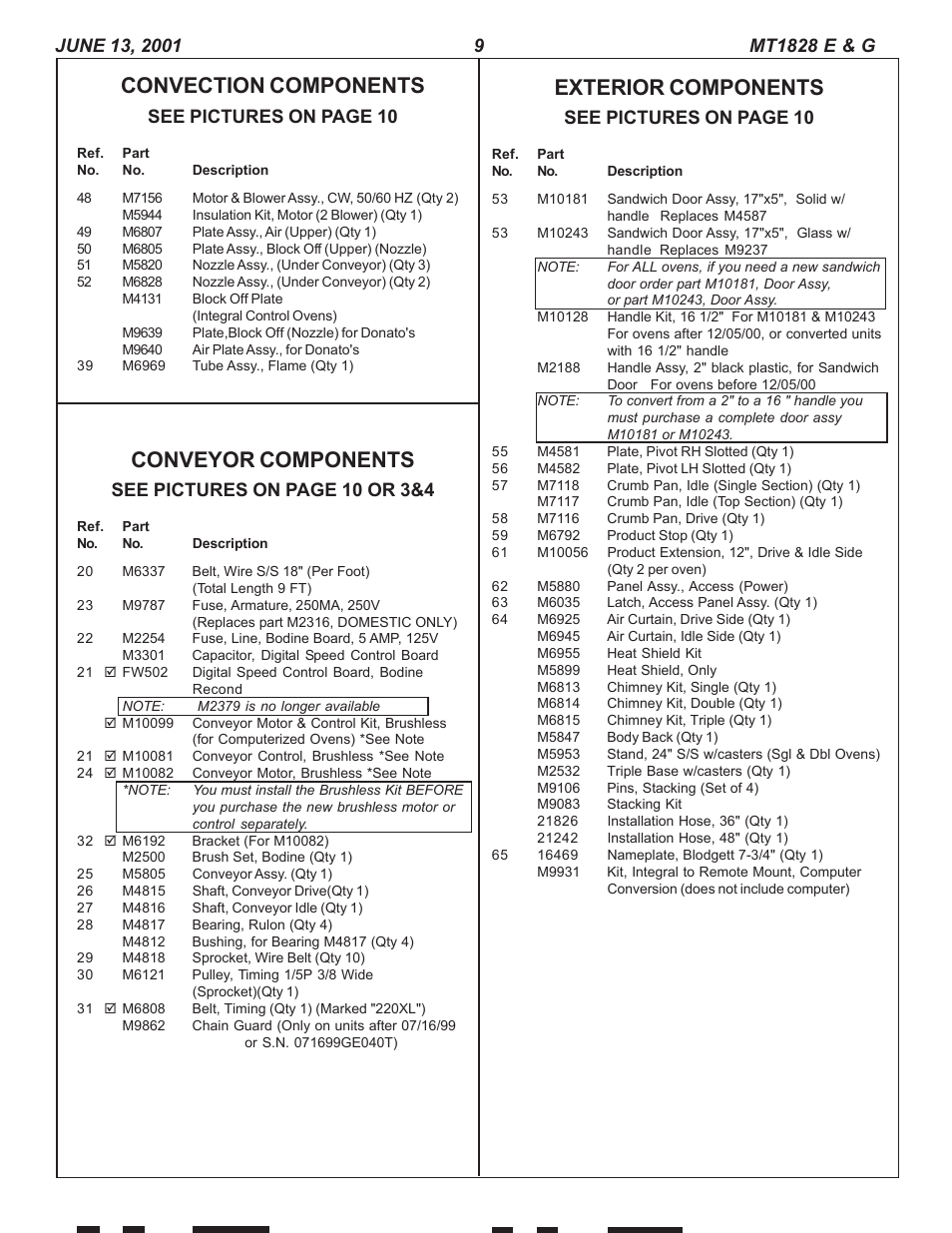 Convection components, Conveyor components, Exterior components | See pictures on page 10, See pictures on page 10 or 3&4 | Blodgett CONVEYOR OVEN REPLACEMENT PARTS MT1828E User Manual | Page 9 / 15