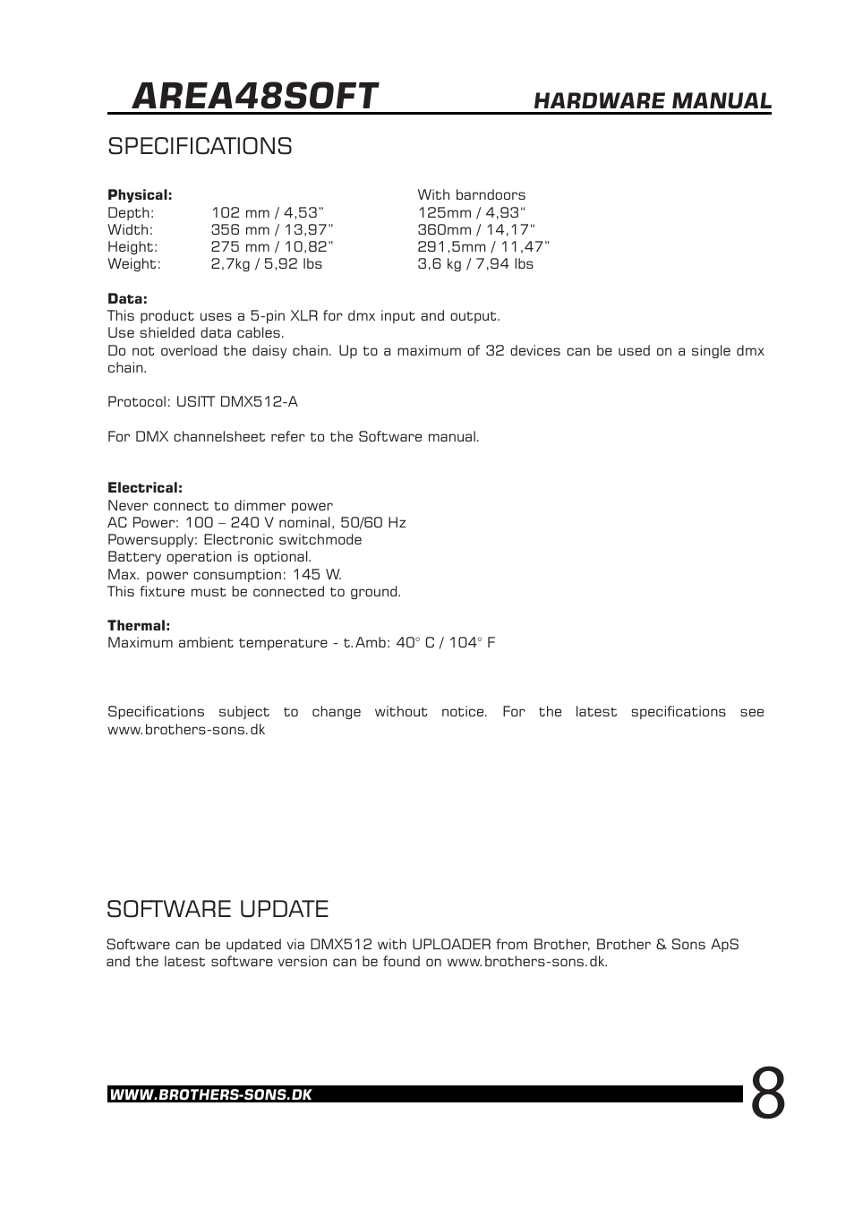 Area48soft, Software update, Specifications | Hardware manual | Brother, Brother & Sons Area48Soft Hardware User Manual | Page 9 / 9