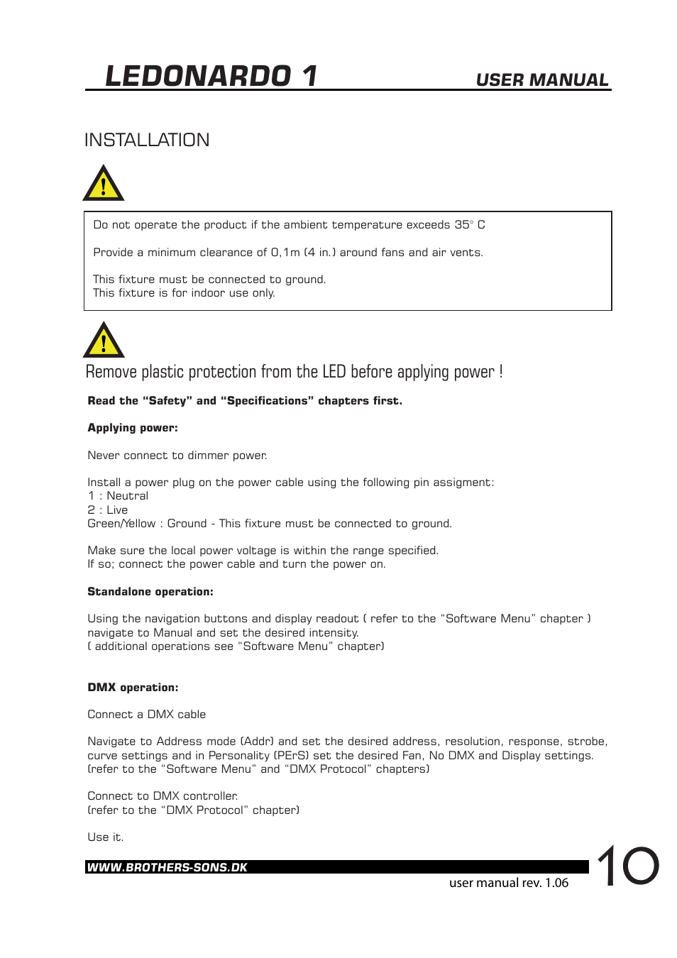 Ledonardo 1, Installation, User manual | Brother, Brother & Sons Ledonardo1 Ver. 2 User Manual | Page 11 / 16
